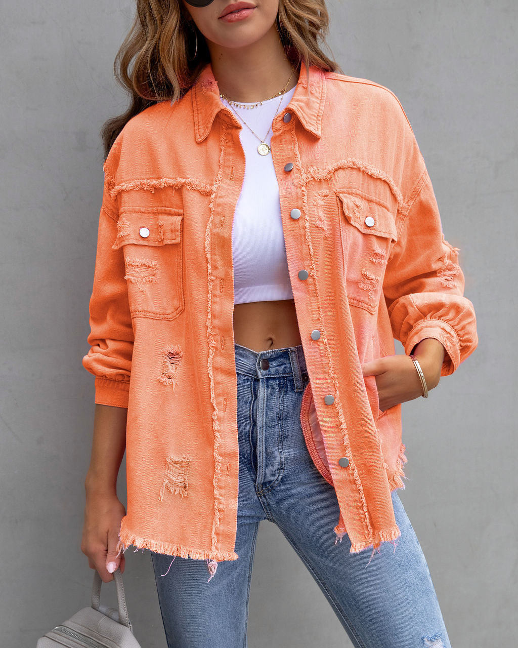 Fashion Ripped Shirt Jacket Female Autumn And Spring Casual Tops Womens Clothing